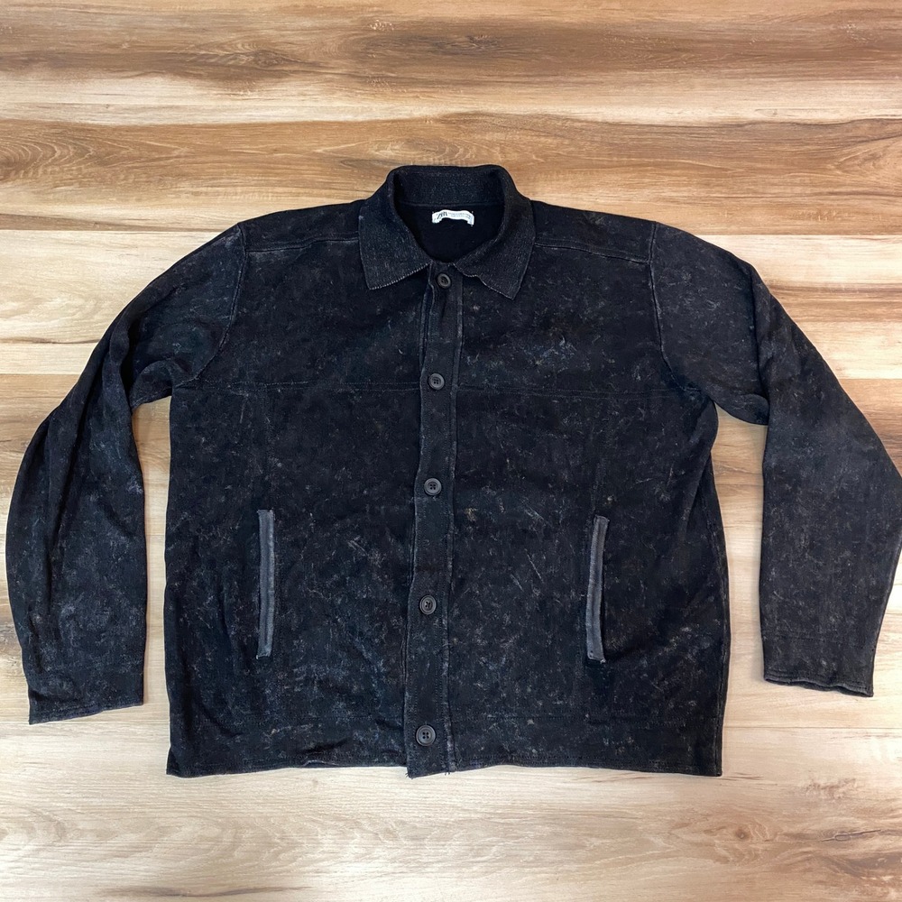 ZARA Shirt Jacket Medium Black Distressed Wash Long Sleeve Button Front Knit